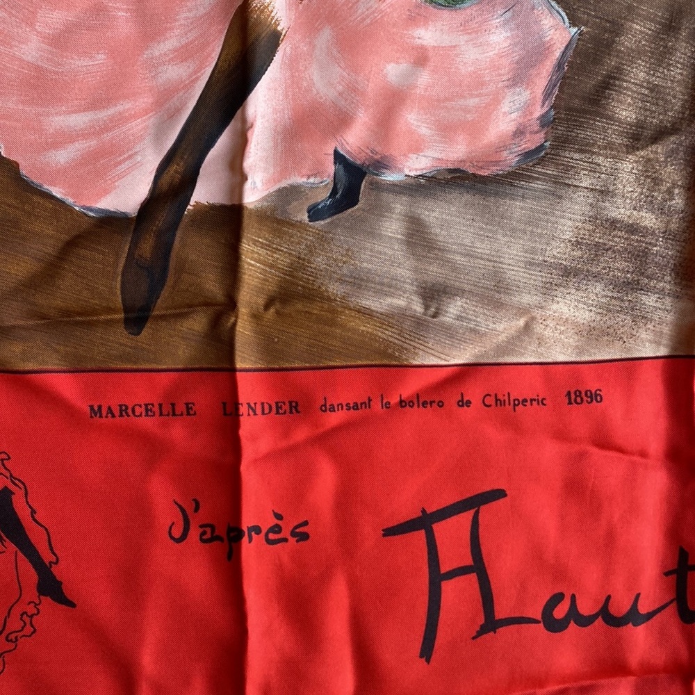 Toulouse Lautrec Moulin Rouge Art Themed Red Silk Scarf, 30” square - Picture 5 of 10